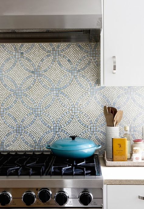 Beautiful tiles. source: Laura Wilmerding Interiors Exquisite kitchen features white lacquer cabinets paired with tan countertops and Ann Sacks mosaic tile backsplash in blue and gray. Beautiful Backsplash, Mosaic Backsplash Kitchen, House Of Turquoise, Diy Backsplash, Kitchen Backsplash Designs, Mosaic Backsplash, Backsplash Designs, Kitchen Tile, Beautiful Tile