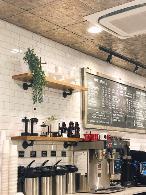 Coffee Shop Backsplash, Small Coffee Shop Ideas Design, Coffee Shop Behind The Counter, Comfy Cafe Interior, Cafe Counter Design Coffee Shops, Coffee Shop Accent Wall, Bakery Cafe Aesthetic, Breakfast Cafe Interior, Boba Cafe Interior