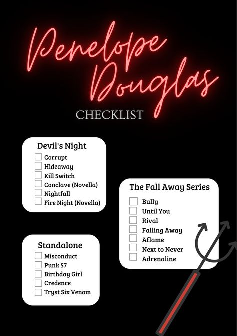 Penelope Douglas checklist book list Penelope Douglas Books List, Birthday Girl Book Aesthetic, Credence Spicy Pages, Penelope Douglas Nightfall, Booktok Checklist Romance, Bully Book Penelope Douglas, Corrupt Spicy Chapters, Corrupt Penelope Douglas Book, Fire Night Penelope Douglas