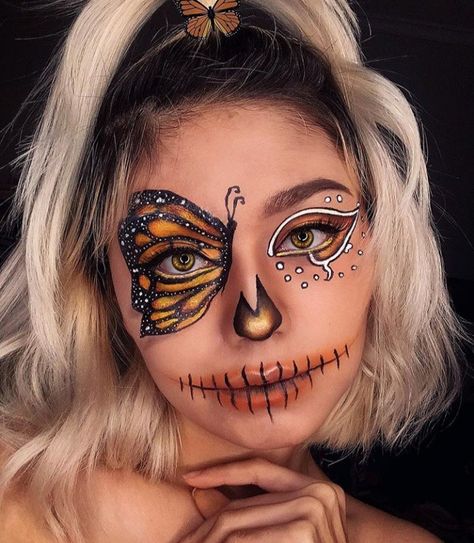 Butterfly Makeup Halloween, Makeup Karakter, Vibrant Makeup, Butterfly Makeup, Candy Makeup, Halloween Makeup Pretty, Makeup Face Charts, Face Paint Makeup, Sugar Skull Makeup