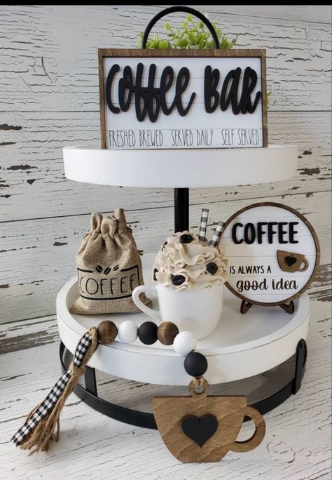 Coffee Theme Tiered Tray Decor, Tiered Tray Decor Coffee Bar, Coffee Bar With Tiered Tray, Home Tiered Tray Decor, Coffee Bar Decoration, Coffee Bar Station Small Spaces Kitchen, Coffee Bar Farmhouse Style, Coffee Counter Decor, Coffee Theme Decor