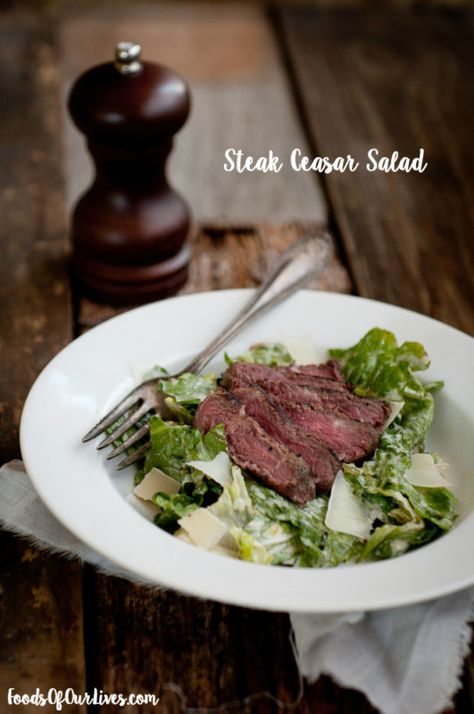 Steak Ceasar Salad | FoodsOfOurLives.com Steak With Salad On The Side, Steak Ceasar Salad Recipe, Salads With Beef, Steak Caesar Salad Recipe, Steak And Salad Dinner, Steak Caesar Salad, Steak Ceasar Salad, Side Salad For Steak, Summer Steak Recipes