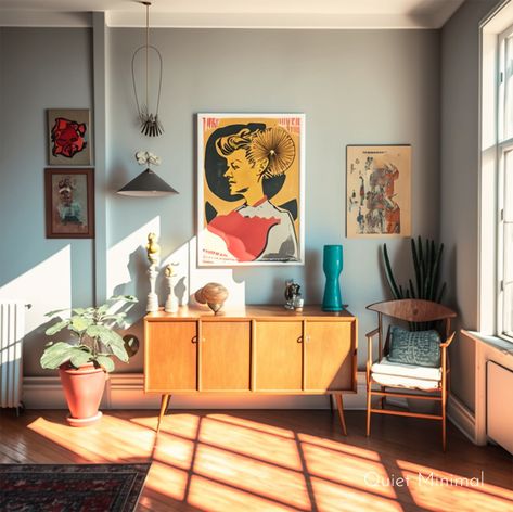 5 Ideas For Unique Wall Art To Create An Eclectic Vintage Vibe | Tips To Achieve A Modern Retro Feel - Quiet Minimal ™ - Interior Design Inspiration & Ideas Eclectic Lighting, Old Cds, Eclectic Wall Art, Mid Century Modern Kitchen, Bold Color Palette, Unique Sculptures, Minimalism Interior, Vintage Eclectic, Decor Aesthetic