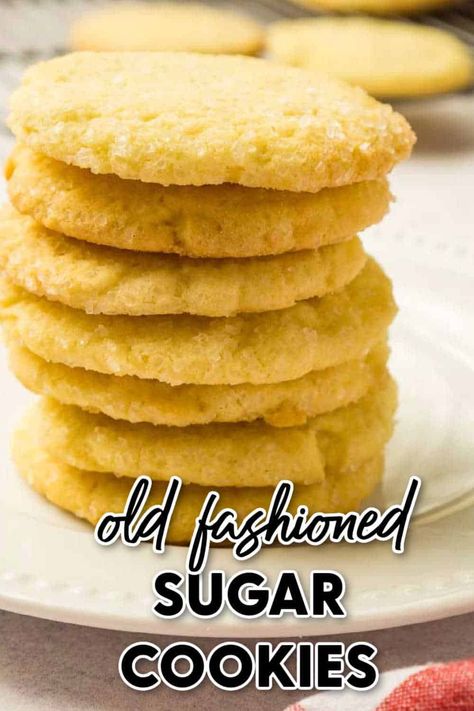 Deliciously old fashioned sugar cookies are one of the easiest cookie recipes ever! Mix, shape, bake! Coating in sparkling sugar for extra lunch and sweetness. Cream Cheese Cookie Recipes, Vintage Sugar Cookie Recipe, Chewy Cookie Recipes, Recipes Cream Cheese, Old Fashioned Farmhouse, Homemade Cookie Recipes, Cookies Frosting, Old Fashioned Sugar Cookies, Soft Sugar Cookie