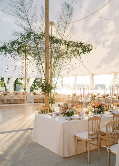 Backyard Wedding Reception Tent Long Tables, Wedding On Water Ideas, Waterfront Tent Wedding, Italian Tent Wedding, Tent Wedding Table Layout, Waterfront Wedding Decor, Classy Tent Wedding, Waterfront Wedding Reception, Coastal Wedding Details