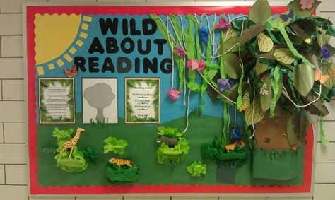 Wild about reading elementary school bulletin board. Library Makeover, Wild About Reading, Elementary School Bulletin Boards, Creative Bulletin Boards, Elementary Bulletin Boards, Reading Display, Schoolhouse Rock, Reading Graphic Organizers, Reading Bulletin Boards