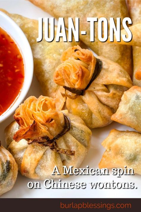 Juan-Tons - My Recipe Magic #wontons #mexican #appetizer Chinese Wontons, Snack Appetizers, Mexican Appetizer, Chinese Appetizers, Chicken Spring Rolls, Mexican Appetizers, Wonton Recipes, Tapas Recipes, Wonton Wrappers