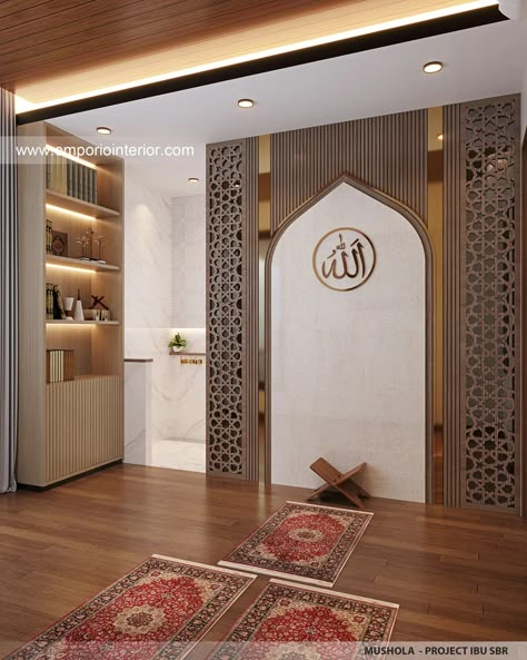 Mushola Outdoor, Mihrab Design Modern, Prayer Room Design Muslim, Prayer Room Design, Musholla Rumah, Namaz Room, House 3 Floors, Mosque Interior, Muslim Prayer Room Ideas