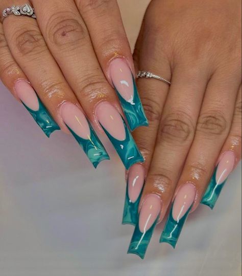 Frenchie Nail Design, Teal Coffin Acrylic Nails, Frenchies Acrylic Nails Long, Teal Nail Inspo Acrylic, Teal Green Nail Designs, Teal Long Nails, Teal Nails For Prom, Teal And Green Nails, Turquoise Nails Design