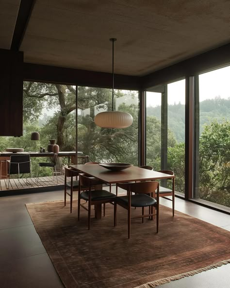 FOREST VIEW | This minimalist interior with dark walls and floor-to-ceiling windows invites the serene beauty of forested hills into the home. Inspired by the timeless style of Frank Lloyd Wright, it’s the perfect blend of elegance and tranquility. AI assisted inspirational concept by @interiorzing #diningroominspo #diningroomideas #diningroomgoals #diningroomdesign #diningroomdecor #interiorinspiration #interior123 #interior2you #moderninterior #moderninteriordesign #modernhomedesign #mo... Frank Lloyd Wright Inspired Interiors, Dark Floor House Interior, Frank Lloyd Wright Inspired Homes, Dark Natural Interior Design, Nature Home Design, Dark Organic Modern, Window Mid Century, Windows In Dining Room, Window In Dining Room