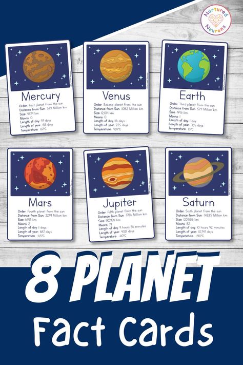 This colorful set of printable planet flashcards are a great way to help your little ones learn about our solar system! These space fact cards are a great resource for children to learn about the planets. So why not blast over to Nurtured Neurons, grab this lovely set of cards! #space #flashcards #preschoolscience #kindergartenscience #planets #planetflashcards #printableflashcards #earlyscience #prek #kindergarten Space Flashcards, Space Learning, Solar System Facts, Planets Activities, Solar System Activities, Planet Project, Planet Crafts, Solar System For Kids, 8 Planets