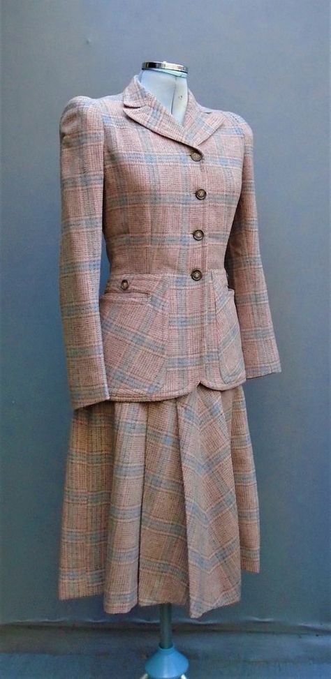 Original Vtg 1940s WW2 Suit Striped Pink Blue Wool Check Tweed Jacket Skirt | eBay Womens Suit Skirt, Vintage Suits Women 1940s Fashion, 1950s Suits Women, 1940s Skirt, 1950 Suits Women, 1940s Suits Women, 1930s Womens Suit, Victory Suit 1940, 1930s Jacket