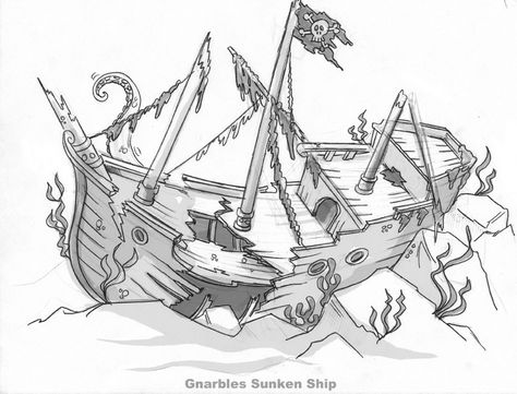 Ship Wreck Illustration, Shipwreck Drawing Easy, Ghost Ship Drawing, Pirate Ships Drawings, Sunken Pirate Ship Drawing, Ship Wreck Drawing, Sunken Ship Drawing, Ship Wreck Tattoo, Shipwreck Drawing