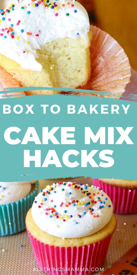 All My Favorite Things Birthday Cake, Best Boxed Cake Mix Recipes, What To Add To White Box Cake, How To Make Box Cakes Better, Make Boxed Cupcakes Better, Perfect Box Cupcakes, How To Spice Up Box Cake, Elevate Boxed Cake, Cupcake Recipe Using Box Cake