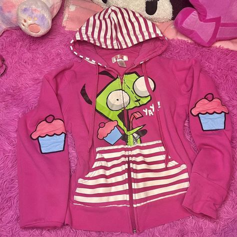 Scenecore Invader Zim Gir Mighty Fine 2010 pink... - Depop Gir Hoodie Invader Zim, Scenemo Clothes, Pink Scene Aesthetic, Scene Zombie, Scene Girl Aesthetic, Zim Invader Zim, Scenecore Aesthetic, Chris Core, Scene Sweater