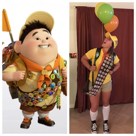 Halloween Costume Russell From Up, Russel Halloween Costume Girl, Russell From Up Costume Women, Pixar Movie Costumes, Russel Up Halloween Costume, Russel And Carl Couple Costume, Diy Russell From Up Costume, Russell Up Costume Women, Aesthetic Disney Costumes