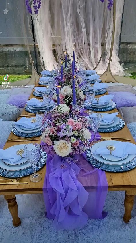 glampicnicsandevents on Instagram: #lavender #lavenderbliss #lavendertablescape #luxurypicnic #nycluxurypicnic #newyorkpicnic #eventplanner #nycweddingplanner… Table Decorations Birthday Woman, Purple Blue And White Birthday Party, Light Blue And Purple Party Decor, Purple Picnic Theme, Blue And Purple Table Setting, Lavender Table Decorations, Lavender Dinner Party, Lavender Birthday Decorations, Purple And Blue Event Decor