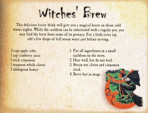 Witches Cookbook, Cauldron Recipes, Witch's Table, Witchy Drinks, Cauldron Magic, Witch Brew Recipe, Witch Recipes, Themed Nights, Cozy Food