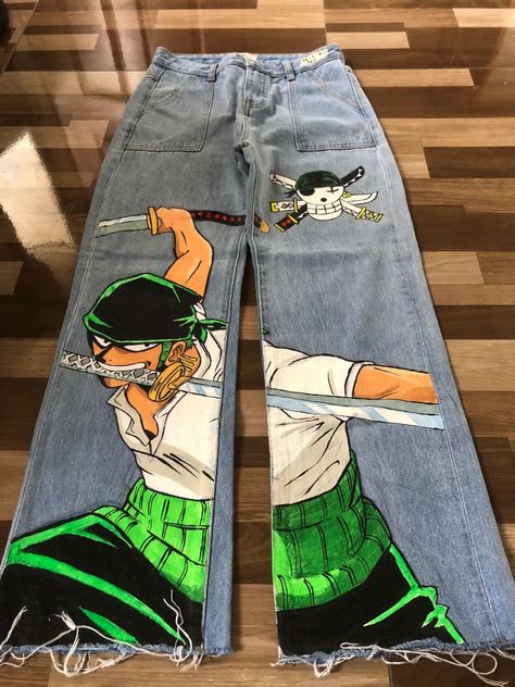 Zoro Inspired Outfits, One Piece Clothes Anime, Zoro Outfits, Custom Painted Clothes, Anime Pants, Custom Pants, Diy Pants, رورونوا زورو, Painted Clothes Diy