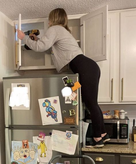 Removing Cabinets From Wall, Doors Off Kitchen Cabinets, Over Fridge Ideas, Open Shelf Above Fridge, Removing Kitchen Cabinet Doors, Shelves Above Fridge, Cabinets Above Refrigerator, Cabinet Above Refrigerator, Cabinet Over Fridge