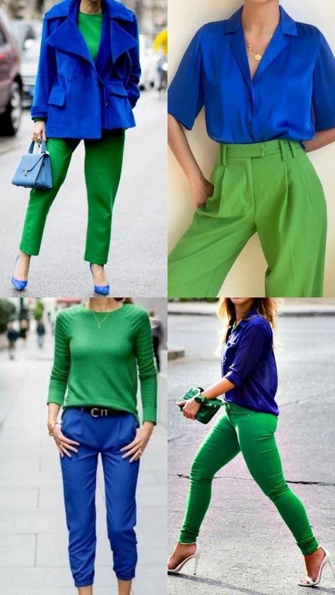 Color Blocking Casual Outfits, Blue And Green Outfit Ideas, Kelly Green Pants Outfit Spring, Blue Green Outfit Color Combos, Green And Blue Outfits For Women, Bright Blue Top Outfit, Green Trousers Outfit Women Color Combos, Blue And Green Outfits For Women, Green Matching Colors Outfit