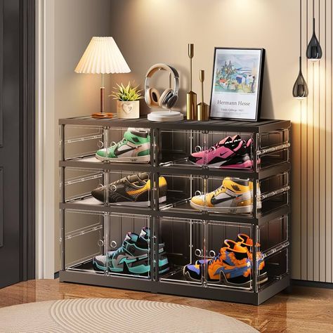 Amazon.com: CIMLORD 9-Tier Foldable Shoe Rack Organizer for Closet 36Pairs Plastic Shoe Shelf Collapsible Shoes Storage Box Clear Shoe Boxes Stackable with Door Easy Assembly Shoe Cabinet with Lids Large : Home & Kitchen Small Shoe Cabinet, Foldable Shoe Rack, Shoe Rack For Closet, Shoes Shelf, Shoe Box Organizer, Shoe Storage Boxes, Boot Organization, Plastic Shoe Boxes, Stackable Shoe Rack