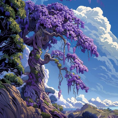 "Beautiful purple wisteria tree in full bloom" 🌸 #wisteria #nature #naturelovers #natureillustration #illustration #artistoninsta #purple #studioghibli #style #hayaomiyazaki #art Purple Illustration Art, Purple Wisteria Tree, Notion Background, Wisteria Trees, Wisteria Garden, Game Level Design, Wisteria Tree, Purple Wisteria, Dnd Campaign