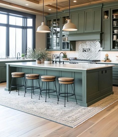 13 Sage Green Cabinet Designs You’ll Love - DreamyHomeStyle Sage And Gold Kitchen Ideas, Green Island Grey Cabinets, Green Kitchen Cabinets With White Counters, Sage Cupboards, Green Modern Farmhouse Kitchen, Best Green Cabinet Colors, Sage And White Kitchen Cabinets, Green Cabinet Kitchen Ideas, Sage Island Kitchen