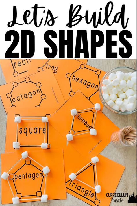 Build 2D shapes with marshmallows and toothpicks. The shape cards guide students through this STEM activity. Beginning geometry math for little learners. 2 Dimensional Shapes Activities, Wood Activities For Preschool, Math Fun Activities Kindergarten, 1st Grade Shapes, Geometry Activities For Kindergarten, Math Projects Preschool, Shape People Preschool, School Supplies Preschool Activities, 2d Shapes Project For Kids