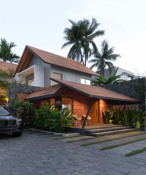 Kerala Sitout Designs, Kerala Landscape Design, Sitout Designs Kerala, Kerala Traditional House Exterior, Kerala House Sitout Design, Sitout Designs Modern, Sitout Designs, Tropical Facade, Modern Tropical House