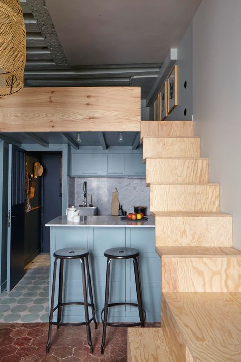 Solid Backsplash, Plywood Stairs, Tiny Apartment Storage, Marrakech Design, Apartment Storage, Colorful Apartment, Micro Apartment, Tiny Apartments, Apartment Organization