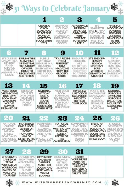 31 Ways to Celebrate January: a bucket list of small, simple ways to survive the cold, create your own fun indoors, and nourish your body and soul in 2019. #celebratejanuary #januarybucketlist #januarylist #funthingstodoinjanuary #winterbucketlist January Bucket List Ideas, January To Do List, January List, January Bucket List, Celebrate January, National Holiday Calendar, Daglig Motivation, January Ideas, Monthly Celebration