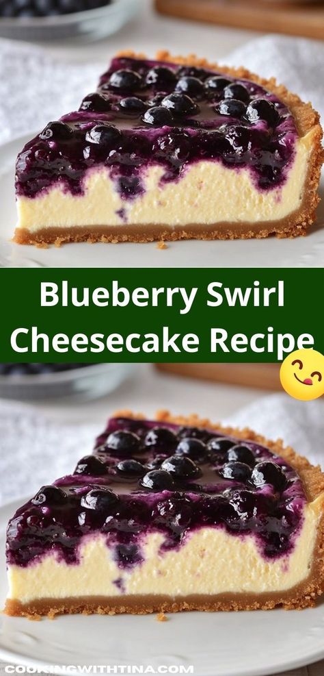 Need a standout dessert for your next gathering? Discover this Blueberry Swirl Cheesecake Recipe, featuring a rich and tangy filling swirled with vibrant blueberries. It’s a quick and impressive option for holiday celebrations. Blueberry Cheesecake Swirl Rolls, Blueberry Cheesecake Recipes, Cheesecake Recipes Easy No Bake, Homemade Blueberry Cheesecake, Blueberry Topping For Cheesecake, Blueberry Cheesecake Dessert, Blueberry Dessert Recipes, Blueberry Swirl Cheesecake, Cherry Crisp Recipe