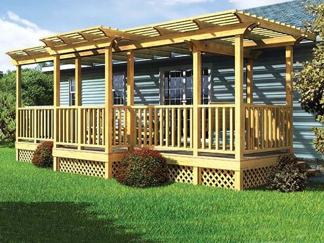 047X-0017: Deck Plan with Trellis & Porch Swing Porch Plans, Porch Addition, Woodworking Store, Building A Porch, Project Plan, Wood Pergola, Mobile Home Porch, Porch Deck, Backyard Pergola