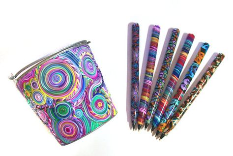 Hi, this is an intricately gorgeous polymer clay covered tin Pen Pot that will add color and elegance to your desk (also makes a unique gift). The pot Polymer Clay Projects Diy, Clay Pens, Fimo Crafts, Polymer Clay Pens, Clay Tips, Clay Pen, Retail Ideas, Pen Pot, Polymer Inspiration