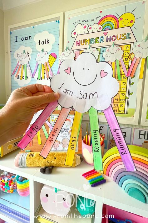 I Am Special Kindergarten Activities, Rainbow Name Craft Preschool, Wonderful Me Crafts, What Makes Me Unique Activity, Cloud And Rainbow Craft, What Makes Me Special Activities, All About Me Rainbow Craft, Cloud Name Craft, I Am Unique Activities Kids