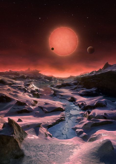 This artist’s impression shows an imagined view from the surface one of the three planets orbiting an ultracool dwarf star just 40 light-years from Earth that were discovered using the TRAPPIST telescope at ESO’s La Silla Observatory. Earth Space, Astronomy Pictures, Bg Design, Alien Planet, The Planets, Alien Worlds, Light Year, New Earth, Our Solar System