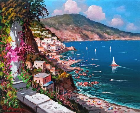 Amalfi Painting, Italy Paintings, Painting Summer, Italian Paintings, Italy Painting, Italy Summer, Impressionist Landscape, Italian Painters, Southern Italy