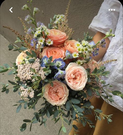 Peach And Navy Wedding Flowers, Coral And Blue Flower Arrangements, Blue Peach Bouquet, Coral Blue Purple Wedding, Blue Peach Flowers, Blue And Peach Floral Arrangements, Blue And Coral Bouquet, Peach Pink Blue Wedding, Purple Blue And Peach Wedding