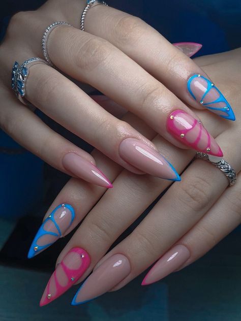 aesthetic pink and blue nails butterfly design stiletto Pink And Blue Butterfly Nails, Blue Nails Stiletto, Blue Nails Butterfly, Nails Butterfly Design, Pink And Blue Nails, Pink Blue Nails, Blue Stiletto Nails, Pink Stiletto Nails, Nails Butterfly