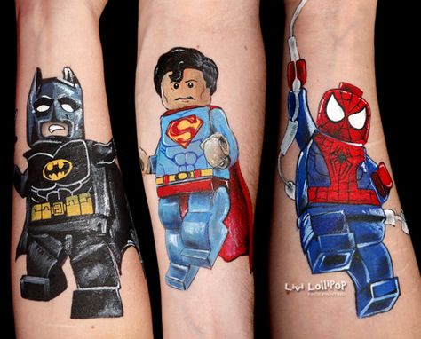 Lego Superheroes – Arm art Lego Spiderman Tattoo, Lego Tattoo Ideas, Superhero Tattoos, Batman Face Paint, Lego Tattoo, Marcos Halloween, Batman Face, Face Painting Images, Lego Superheroes