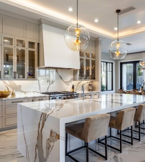 White Kitchen Cabinets With Waterfall Island, Marble Kitchen Island Modern, Marble Island Kitchen, Big Kitchen Design, Kitchen Counter Design, Kitchens 2021, Modern Kitchen Trends, Waterfall Island Kitchen, Waterfall Island