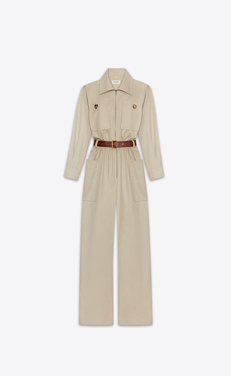 Discover BEIGE CLAIR jumpsuit in cotton twill from Saint Laurent online store. Fashion Show Videos, Water Fashion, Beige Jumpsuit, Build Wardrobe, 2020s Fashion, Airplane Wallpaper, Style Moodboard, Luxury Clothes, Running Late