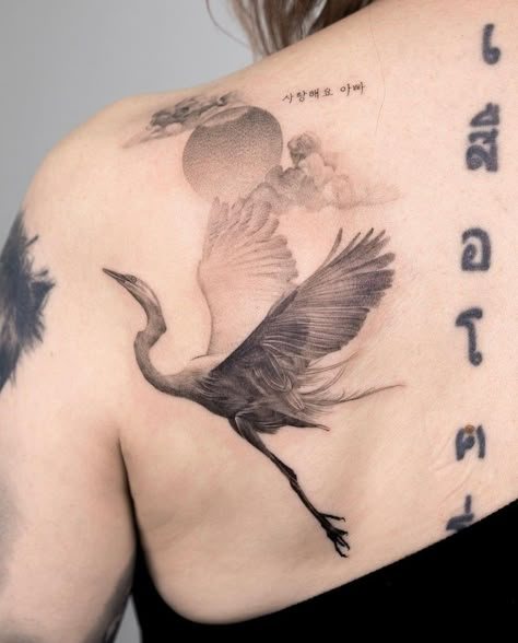 Heron Tattoo Back, Bird Back Piece Tattoo, Heron Back Tattoo, Crane Tattoo Back, Shoebill Stork Tattoo, Crane Bird Tattoo, Egret Tattoo, Cranes Tattoo, Rebirth Tattoo