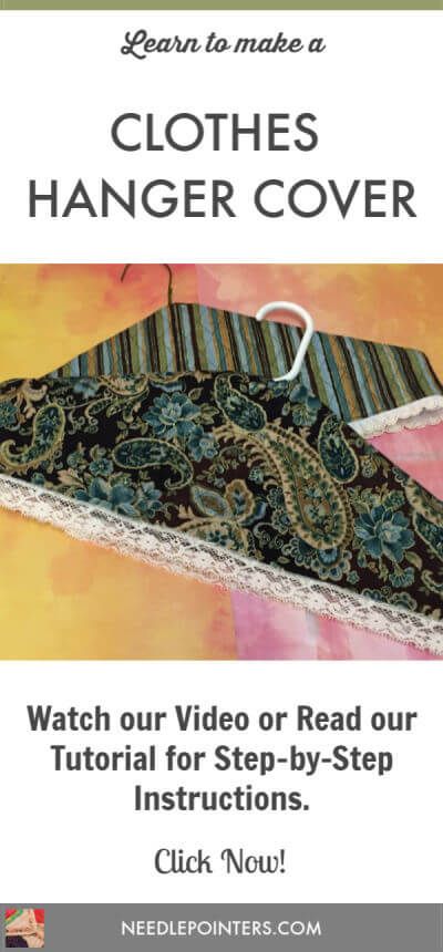 How to make a Clothes Hanger Cover | Needlepointers.com How To Cover Hangers With Fabric, Fabric Covered Hangers Diy, Hanger Covers Pattern, Fabric Wrapped Hangers, Hanger Covers, Clothes Hanger Ideas, Fabric Covered Hangers, Covered Coat Hangers, Fabric Hanger