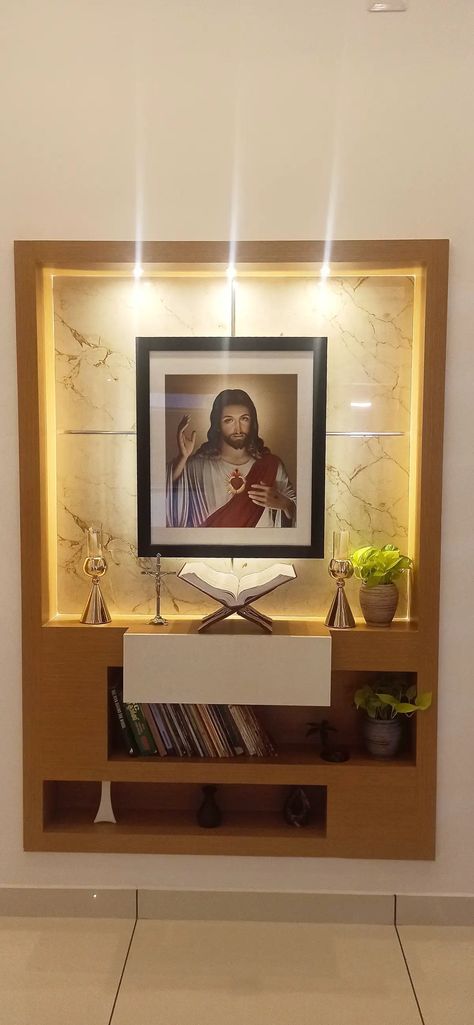 Christian Pooja Room Ideas Indian, Christian Home Altar Ideas, Christian Home Design, Pray Room Ideas Christian, Christian Alter Designs For Home, Kerala Living Room Designs, Catholic Prayer Room Ideas Decor, Praying Room Christian, Christian Home Decor Living Room