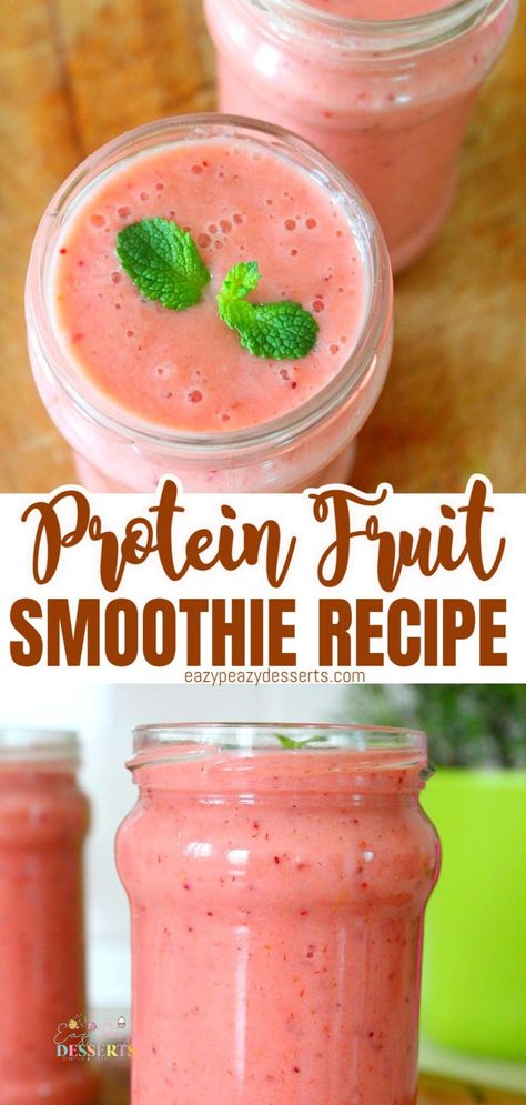 Yogurt Protein Smoothie, Protein Powder Smoothie Recipes, Fruit Protein Shakes, Protein Fruit Smoothie, Strawberry Protein Smoothie, Healthy Protein Smoothies, Protein Breakfast Smoothie, Protein Drink Recipes, Protein Powder Smoothie