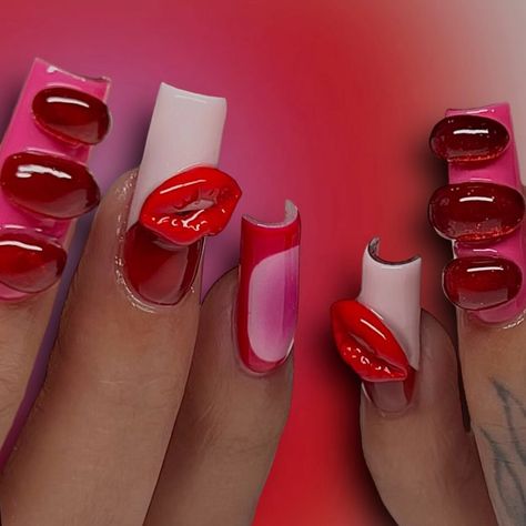 DxpperDan Acrylics 💅🏽✨🍄🌱 (@dxpper.acrylics) • Instagram photos and videos Valentines Lips Nails, Lips On Nails Tutorial, Lip Design On Nails, 3d Lip Nails, Xl Valentines Acrylic Nails, Lip Nails, Nail Cam, Boujee Nails, Nail Pics