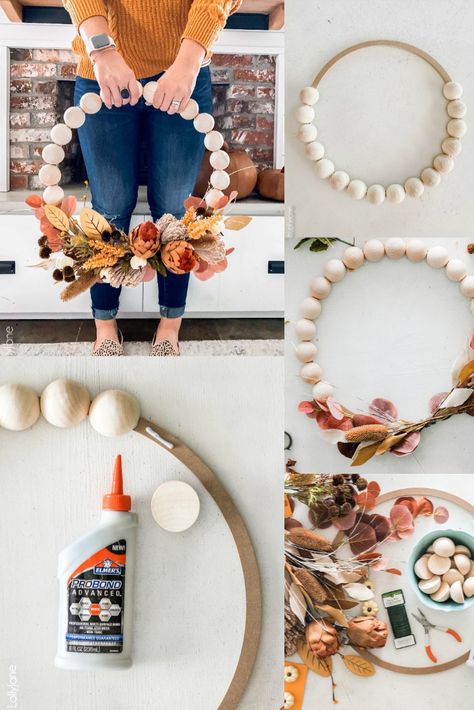 Fall Wreath Making Party, Fall Wood Bead Wreath Diy, Cheap Diy Fall Wreath, Fall Bead Wreath Diy, Fall Wreath With Wooden Beads, Fall Bead Wreath, Wood Bead Wreaths, How To Make Your Own Wreath, Fall Wreath Diy Easy