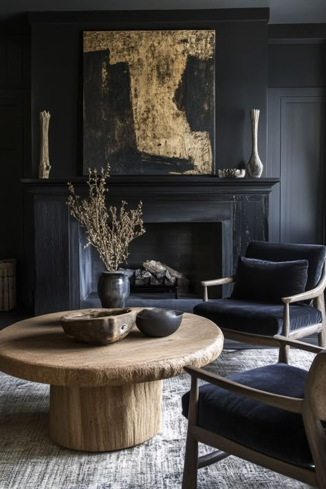 13 Dark And Moody Living Room Ideas You’ll Love – DreamyHomeStyle Dark Moody Living Room With Fireplace, Dark Stone Interior, Moody Sitting Room Ideas, Dark Living Rooms Cozy, Dark Cozy Living Room, Dark Moody Living Room, Dark And Moody Living Room, Moody Living Room Ideas, Colourful House